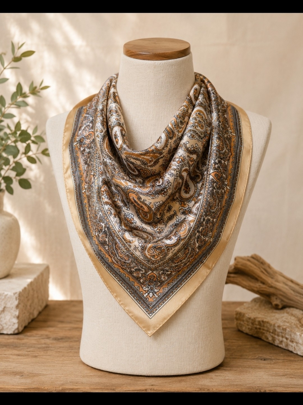 Silk-Feel Paisley Neck Scarf in Gold and Cream-40% Silk